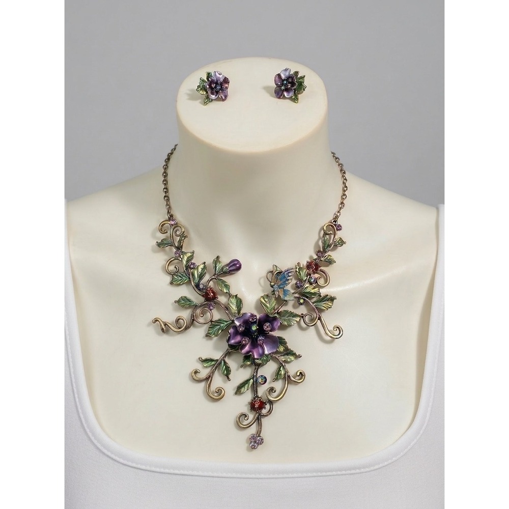 Whimsical Fantasy Floral Enamel Statement Necklace Clip On Earrings Set